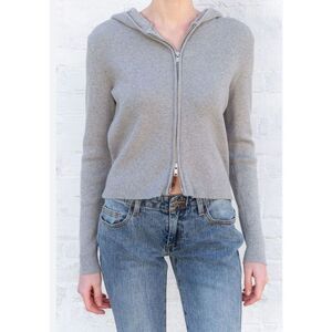 John Galt Brandy Melville Stretchy ribbed knit zip up hoodie with a silver doubl